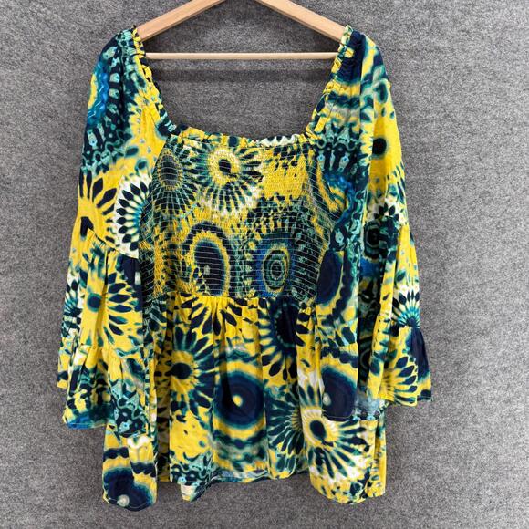 Terra & Sky Blouse Women 2X Plus Yellow Geometric 3/4 Sleeve Square Neck Cotton - Picture 2 of 7